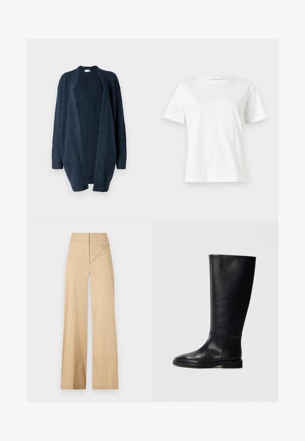 Cardigan oversize bleu marine, fabriqué en tissu tricot doux. Design à ouverture devant, manches longues, poignets côtelés et texture lisse sans motifs.; T-shirt en coton blanc à manches courtes, col rond et coupe décontractée. Texture lisse, sans motifs ni accents, design minimaliste.; Pantalons larges beige en coton mélangé. Caractéristiques : texture lisse, taille élastique et détail à bouton sur le côté.; Botte en cuir noir, montant jusqu'au genou, avec un bout arrondi, texture lisse, design minimaliste et semelle plate. Détails de couture simples sur la tige.