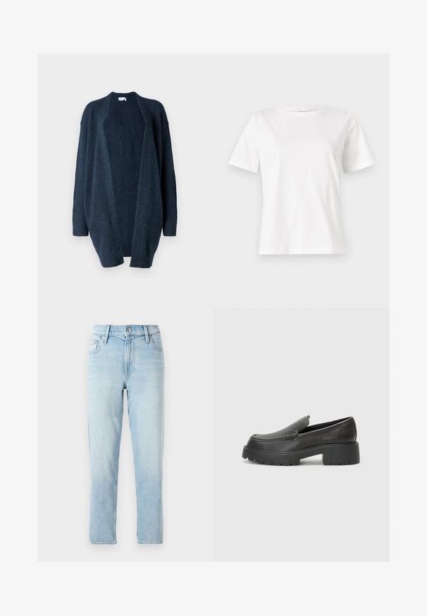 Cardigan oversize bleu marine, fabriqué en tissu tricot doux. Design à ouverture devant, manches longues, poignets côtelés et texture lisse sans motifs.; T-shirt en coton blanc à manches courtes, col rond et coupe décontractée. Texture lisse, sans motifs ni accents, design minimaliste.; Jeans en denim bleu clair, coupe droite, taille mi-haute, avec cinq poches et une fermeture à bouton à l'avant.; Mocassins en cuir noir avec un bout arrondi, une semelle épaisse et texturée, et des détails de couture minimalistes. Design épuré sans lacets ni métal visibles.