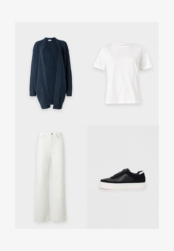 Navy blue oversized cardigan, made of soft knit fabric. Open front design, long sleeves, ribbed cuffs, and smooth texture without patterns.; White cotton t-shirt with short sleeves, round neckline, and a relaxed fit. Smooth texture, no patterns or accents, minimalistic design.; Samsøe Samsøe SHELLY - Relaxed fit jeans - clear cream; Black sneaker with smooth leather and suede panels, flat laces, rounded toe, and a white rubber sole. Distinct logo on the heel.