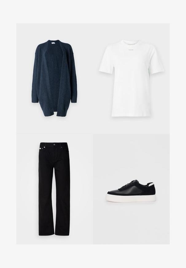 Námořnický modrý oversize cardigan vyrobený z měkkého pleteného materiálu. Otevřený přední design, dlouhé rukávy, žebrované manžety a hladká textura bez vzorů.; Bílý bavlněný tričko má kulatý výstřih, krátké rukávy a malé černé logo "Calvin Klein" na hrudi. Jednoduchý design, bez vzorů.; Černé džíny rovného střihu s pěti kapsami, stříbrnými nýty a zapínáním na knoflík. Látka má hladký, mírně texturovaný povrch.; Černé sneakersy s hladkou kůží a semišovými panely, plochými šňůrkami, zaoblenou špičkou a bílou gumovou podrážkou. Výrazné logo na patě.