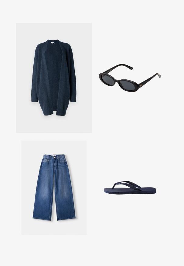 Marineblauer oversized Cardigan aus weichem Strickstoff. Offenes Vorderdesign, lange Ärmel, gerippte Bündchen und glatte Textur ohne Muster.; Weißes Baumwoll-T-Shirt mit kurzen Ärmeln, Rundhalsausschnitt und lockerer Passform. Glatte Textur und schlichtes Design, keine Muster oder Akzente.; Bershka WIDE-LEG - Wide Leg - dark blue; Marineblaue Flip-Flops mit strukturierten Gummiträgern und Sohle, die ein wellenförmiges Muster auf den Trägern und ein flaches, geriffeltes Fußbett haben.; Schwarze, oversized Sonnenbrillen mit ovalen Gläsern, glattem Kunststoffrahmen und goldenen Akzenten an den Bügeln. Die dunklen Gläser bieten Sonnenschutz.