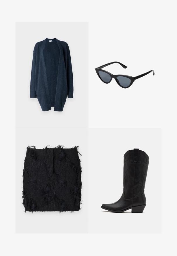 Cardigan oversize blu navy, realizzato in morbido tessuto a maglia. Design con apertura frontale, maniche lunghe, polsini a coste e texture liscia senza motivi.; Due top senza maniche a coste, uno marrone e uno nero, esposti su uno sfondo bianco semplice.; Gonna nera con texture, caratterizzata da un design a frange sovrapposte e un orlo leggermente irregolare, realizzata in un tessuto leggero.; Stivale da cowboy in pelle nera con punta affusolata, tacco basso impilato e intricato motivo a foglia stampato sul gambale. Anello nella parte superiore per una facile indossabilità.; Occhiali da sole cat-eye neri con lenti grigie scure, montatura in plastica elegante, angoli appuntiti e tempie dritte. Nessuna ferramenta o accenti visibili.; Borse in pelle borgogna con forma curva, dettagli in oro sull'hardware e chiusura con cerniera. Presenta una tracolla staccabile.