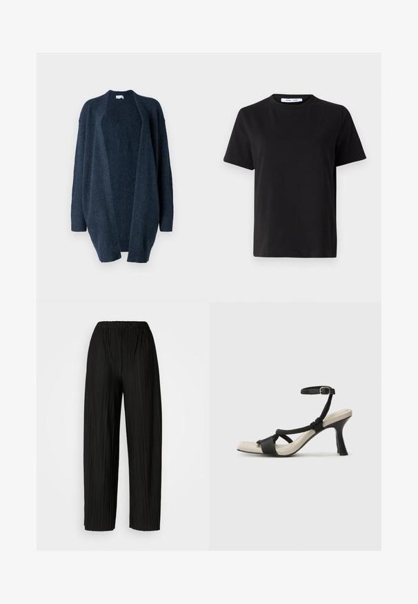 Granatowy, oversize'owy kardigan wykonany z miękkiej dzianiny. Otwarty przód, długie rękawy, ściągacze na mankietach i gładka faktura bez wzorów.; Czarny t-shirt z krótkim rękawem wykonany z miękkiej bawełny, z okrągłym dekoltem, luźnym krojem i gładką fakturą. Bez widocznych wzorów ani grafik.; Czarne spodnie szerokie z plisami i elastycznym paskiem w talii. Tkanina ma pionowe plisy i gładką fakturę.; Czarne sandały na obcasie z plecionym paskiem, kwadratowym noskiem i regulowanym paskiem na kostkę. Jasnobeżowa wkładka z błyszczącym czarnym obcasem.
