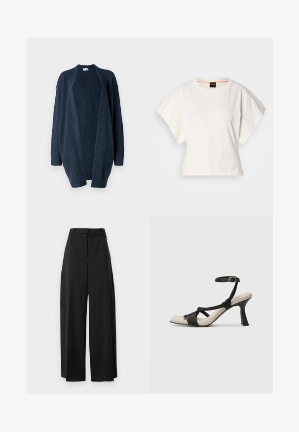 Tumesinine ülerehitus, valmistatud pehmest kudumise kangast. Avatud esiosa disain, pikad varrukad, soonikkoes mansetid ja sile tekstuur ilma mustriteta.; Valge lühikeste laiadte varrukatega lühike T-särk, pehme puuvillane materjal, ümar kaelus kergelt oranži ääristusega, minimaalne disain, ilma mustrite ja graafikateta.; Mustad laiad püksid kõrge vöökoht ja vööga. Omavad siledat tekstuuri ja puhtaid jooni, disainitud lõdva istumise jaoks.; Mustad musta kontsaga sandaal, millel on punutud rihma disain, ruudukujuline varvas ja reguleeritav pahkluu rihm. Heleda beeži värvi jalapadi ja läikiv must konts.