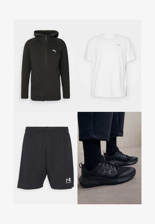 Melna kapucīna džemperis ar rāvējslēdzēju, izgatavots no mīkstas, teksturētas auduma. Tam ir kapuce ar aukliņu, divas sānu kabatas un balta Puma logo uz krūtīm.; Baltas īsajiem piedurknēm sporta krekls, izgatavots no gludas auduma. Tam ir apaļa kakla izgriezums un pelēks logo uz kreisās krūtis, kā arī sānu šķēlumi apakšmalā.; Melnas sporta bikses, kas izgatavotas no gludas auduma ar elastīgu jostu. Apakšējā labajā stūrī ir sudraba logotips.; Persona, kurš valkā melnus sporta apavus ar teksturētām sāniem un logo, kombinēti ar melnām zeķēm un īsām biksēm uz gaišas grīdas.