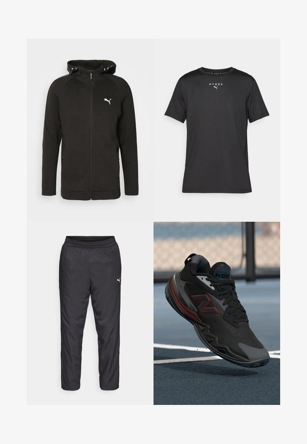 Melna kapucīna džemperis ar rāvējslēdzēju, izgatavots no mīkstas, teksturētas auduma. Tam ir kapuce ar aukliņu, divas sānu kabatas un balta Puma logo uz krūtīm.; Melnas īsām piedurknēm sporta T-krekls, kas izgatavots no viegla auduma. Iezīmēts ar apaļu kakla izgriezumu un uzdrukātu "HYROX" logo ar Puma simbolu priekšpusē.; Melnas sporta bikses, kas izgatavotas no gluda, viegla materiāla. Iespējas ietver elastīgu jostu un mazu baltu logotipu kreisajā pusē.; Melnas sporta kedas ar teksturētu augšdaļu, sarkaniem akcentiem un gumijas zoli. Iezīmējas ar zemu profilu un pastiprinātu pirkstu daļu.
