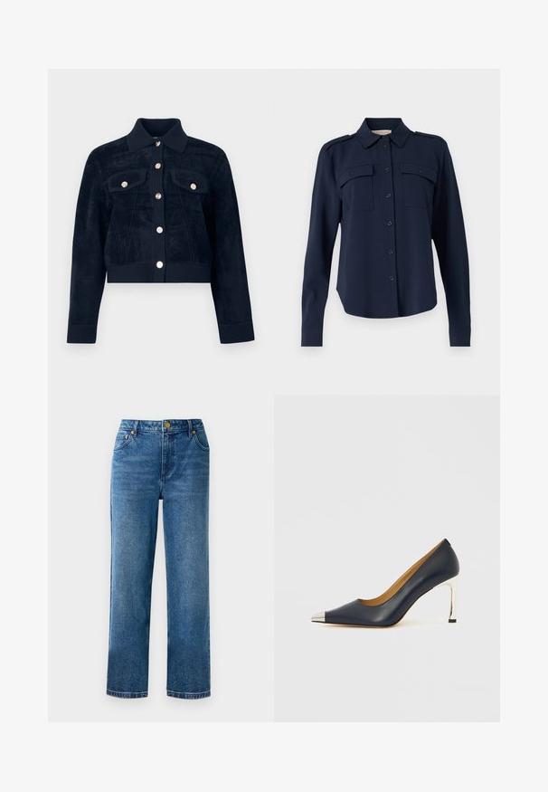 Temno modra skrajšana jakna iz mehke, teksturirane tkanine z ovratnikom, sprednjim zapiranjem na gumbe in dvema prsnikoma z gumbi v zlati barvi.; Mornarno modra srajca s gumbi, izdelana iz mehkega materiala. Ima dve žepoma na prsih, ramenske epaulety in dolge rokave z gumbastimi manšeti.; Modre visoke kavbojke s ravnim krojem, izdelane iz denima, s petimi žepi in z zlatimi dodatki.; Temno modra usnjena čevlja z visokim petom in koničastim prstom, opremljena s srebrnim kovinskim zaključkom in sijočim srebrnim šilo peto.