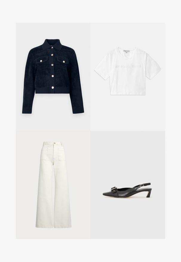 Jachetă albastru marin scurtă, dintr-un material moale și texturat, cu guler, închidere frontală cu nasturi și două buzunare la piept cu nasturi aurii.; Tricou alb scurt, din bumbac, cu mâneci scurte și logo-ul "MICHAEL KORS" brodat în text asortat pe partea din față.; Jeans cu picioare late din denim alb-crem. Design cu talie înaltă, cu închidere prin nasture, două buzunare frontale și detalii cu cusături contrastante.; Pantofii negri din piele cu toc mic, vârf ascuțit și detaliu decorativ cu cataramă pe partea superioară. Textură netedă, design minimal.