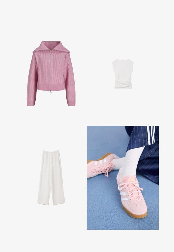 JJXX GILLY DIVERSE - Kofta - moonlite mauve; Vit kortärmad topp med rund halsringning. Har samlad struktur längs sidorna och en figurnära silhuett, tillverkad av mjukt, stretchigt material.; Vita vida byxor i vid passform gjorda av ett lättviktsmaterial. Har en elastisk midja med dragsko och sidofickor. Slät textur.; Ljusrosa mockaskor med vita ränder och snören, med en strukturerad tunga och en gummisula, placerade på en blå matta.