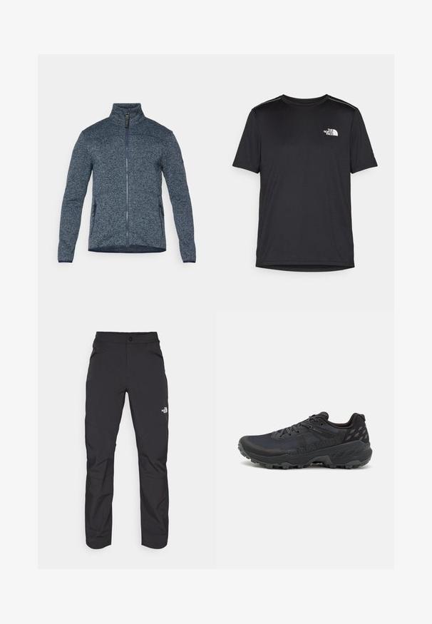 Blue, textured zip-up jacket with high collar. Features side pockets and contrasting dark blue trim along the sleeves and bottom hem.; Black short-sleeve T-shirt made from lightweight fabric. Features a small white logo on the left chest and subtle shoulder accents.; Black outdoor pants with a zippered front pocket, synthetic material, tapered legs, and reinforced knee panels. Features a button closure.; Black trail running shoes with a textured mesh upper and rubber outsole; features include laces, a padded collar, and logo detailing.