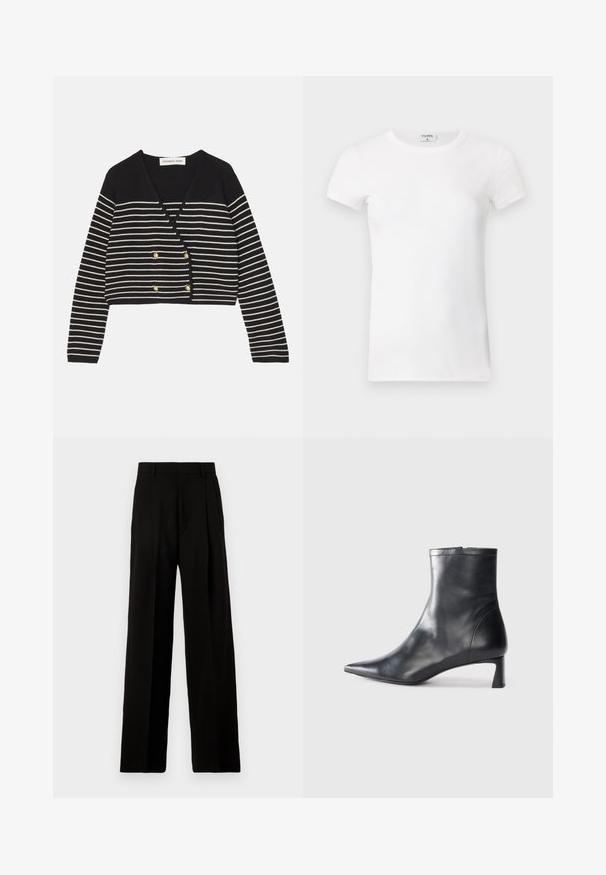 Cardigan corto a righe bianche e nere con scollatura a V, caratterizzato da bottoni doppi in tono oro e maniche lunghe. Texture in maglia morbida.; T-shirt bianco a maniche corte con collo tondo. Il tessuto appare liscio con una silhouette aderente. Etichetta del marchio visibile al colletto.; Pantaloni neri a gamba larga realizzati in tessuto morbido, con vita alta, pieghe frontali e un design pulito e sartoriale senza decorazioni.; Stivaletto in pelle nera con punta affusolata e design elegante. Presenta un tacco basso e una chiusura con zip sul retro. Texture liscia.