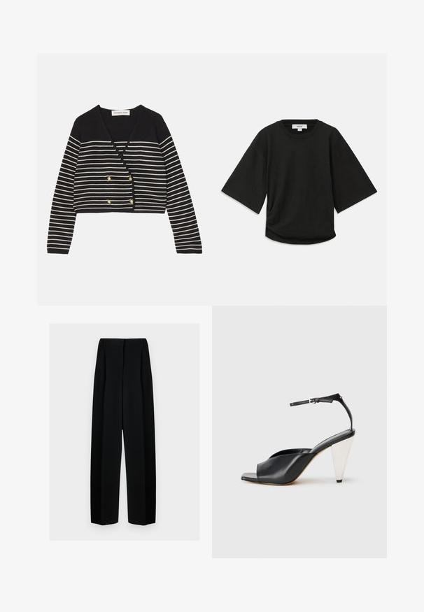 Mustvalge triibuline lühike kardigan V-kaelusega, koos kuldsete topelt-nuppudega ja pikkade varrukatega. Pehme kudumise tekstuur.; Must have lühikeste varrukatega must t-särk, mis on valmistatud pehmest puuvillast, ringikujulise kaelusega ja vabalt langenud lõikega, millel on külgedel peen volditud detail.; Mustad laiad püksid kõrge vöökohtaga, millel on voldid ja sujuv tekstuur. Kanga välimus on kerge ja see ripub elegantselt.; Must mustril kõrge kontsaga sandaalid avatud varbaga, asümmeetrilise disainiga, pahkluukeevikuga ja metallilise koonusja kontsaga. Ühtlane tekstuur üle kogu.