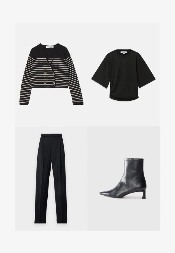 Mustvalge triibuline lühike kardigan V-kaelusega, koos kuldsete topelt-nuppudega ja pikkade varrukatega. Pehme kudumise tekstuur.; Must have lühikeste varrukatega must t-särk, mis on valmistatud pehmest puuvillast, ringikujulise kaelusega ja vabalt langenud lõikega, millel on külgedel peen volditud detail.; Mustad püksid siledast kangast, millel on kõrge vöökoht, laiad jalad, esimesed kortsud ja klassikalised vööloopid. Küljepockets pole nähtavad.; Mustad mustall nahkasaabas terava nina ja stiilse disainiga. Omab madalat konts ja luku sulgemist taga. Sile tekstuur.