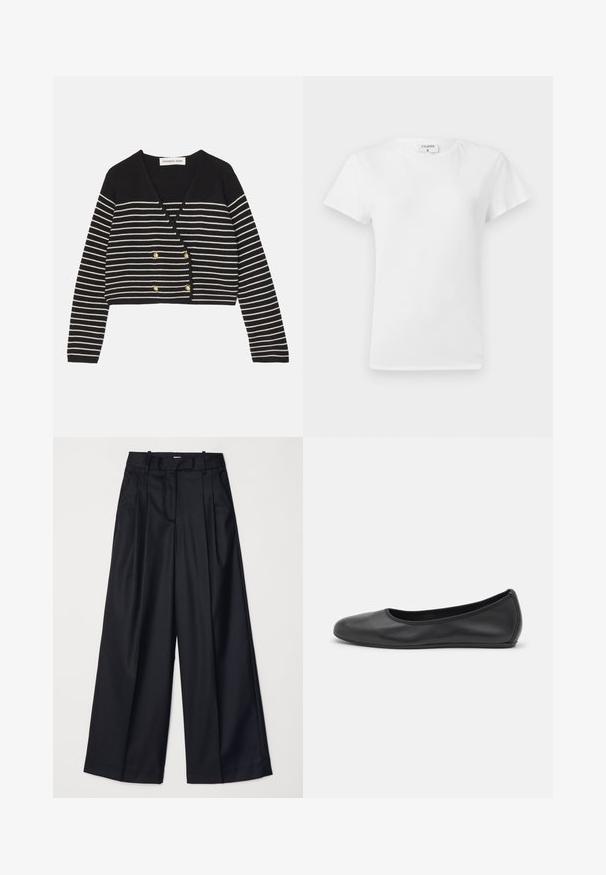 Cardigan corto a righe bianche e nere con scollatura a V, caratterizzato da bottoni doppi in tono oro e maniche lunghe. Texture in maglia morbida.; T-shirt bianco in cotone con colletto a girocollo e maniche corte, caratterizzato da una vestibilità rilassata e un design minimalista. Etichetta visibile sul collo.; Pantaloni neri a gamba larga realizzati in un tessuto morbido, con vita alta, pieghe e un design sartoriale. Finiture semplici in nero in vita.; Pantofole da balletto nere in pelle con punta arrotondata, texture liscia, dettagli di cucitura minimi e design con suola flessibile.