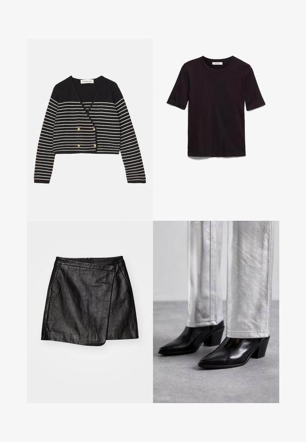 Čierny a biely pruhovaný skrátený kardigan s výstrihom do V, s dvojitými gombíkmi v zlatej farbe a dlhými rukávmi. Mäkko pletená textúra.; Čierne tričko s krátkym rukávom vyrobené z jemnej bavlny, s okrúhlym výstrihom a hladkým, rovnomerným povrchom s minimálnym dizajnom.; Čierna kožená mini sukňa s asymetrickým zavinovacím dizajnom, ktorá má hladkú textúru a zapínanie na zips vzadu.; Čierne kožené členkové topánky s špicatou špičkou a blokovým podpätkom, kombinované s lesklými striebornými nohavicami, predvádzajúce elegantné textúry a kontrastné farby.