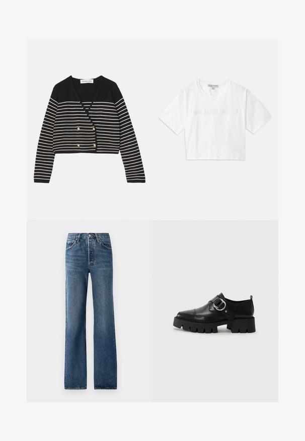 Fekete-fehér csíkos, cropped kardigán V kivágással, arany színű dupla gombokkal és hosszú ujjakkal. Puha kötött textúra.; Fehér, rövidujjú, vágott pamut póló, amelyen a "MICHAEL KORS" logó hímzett, megfelelő színben a mellkason.; Kék farmernadrág egyenes szárú szabással, öt zsebbel, gombos zárással, valamint enyhe kopási hatásokkal és diszkrét koptatásokkal.; Fekete bőr cipők tömzsi, bordázott talppal, kerek ezüst hardware díszítéssel és minimális varrási részletekkel.