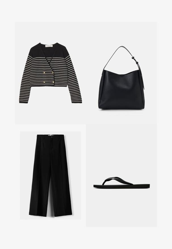 Zwart-wit gestreepte cropped cardigan met een v-hals, voorzien van goudkleurige dubbele knopen en lange mouwen. Zachte brei textuur.; Twee mouwloze ribgebreide coltruien in zwart en wit, met een slim fit ontwerp en een gladde textuur, met een cropped lengte.; Zwarte wijde broek van lichtgewicht stof, met een knoopsluiting aan de voorkant en een vlakke achterkant, afgewerkt met keurig gestikte zoom.; Zwarte rubberen flip-flop sandaal met een getextureerde strap en een eenvoudige platte zool, zijaanzicht op een effen lichte achtergrond.; Zwarte leren hobo tas met een enkele schouderriem, gladde textuur, taps toelopende bovenkant en minimalistisch ontwerp zonder zichtbare hardware.