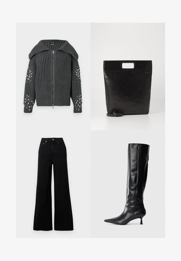 Cardigã de malha canelada cinza escuro com zíper, colarinho largo e aplicações de lantejoulas prateadas nas mangas.; Camisa branca de manga longa com colarinho feita de algodão. Apresenta uma parte frontal com botões e um único bolso no peito. Textura suave, corte descontraído.; Jeans pretos de ganga com perna larga, cintura alta, cinco bolsos, fecho frontal de botões e detalhes mínimos de costura.; Bota preta de couro até ao joelho com bico fino e salto curvado e esguio. Textura suave, design ajustado e sem elementos metálicos ou padrões visíveis.; Saco tote de couro preto com uma pega quadrada, apresentando um acabamento texturizado e logotipo em relevo. Inclui uma alça destacável.