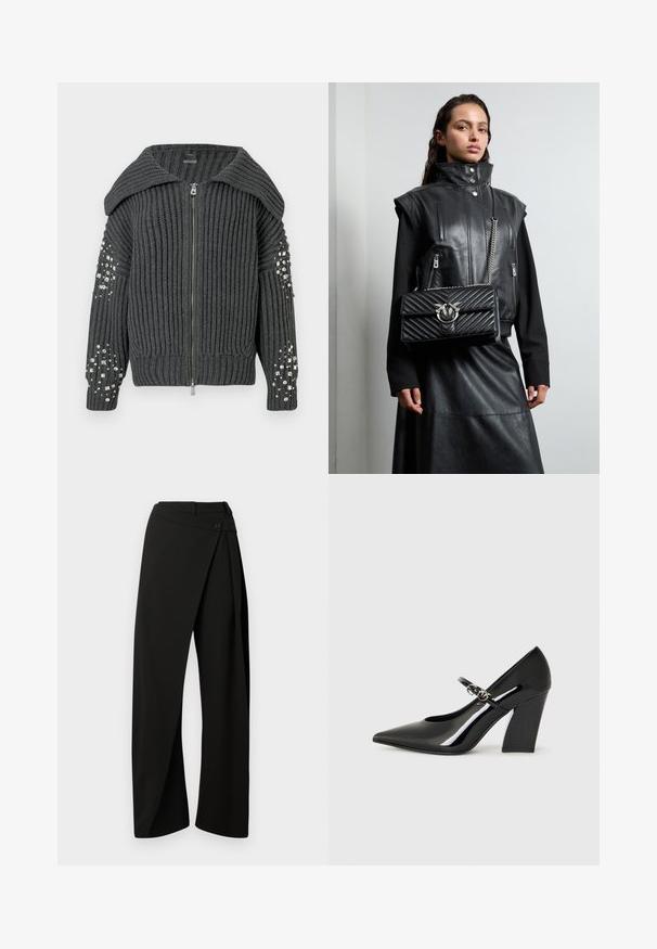 Σκούρο γκρι ριγωτό πλεκτό ζακέτα με φερμουάρ, ευρύς γιακάς και ασημί παγιέτες στα μανίκια.; Μαύρο ολόσωμο κορμάκι με σχεδίαση χωρίς μανίκια, διαθέτει κόψιμο μπροστά και απαλό, ελαστικό ύφασμα. Έχει εφαρμοστή γραμμή και ελάχιστες ραφές.; Μαύρο παντελόνι σε φαρδύ στυλ με μπροστινό καπάκι και κλείσιμο με κουμπί στη μέση, παρουσιασμένο σε λευκό φόντο.; Μαύρο παπούτσι τακουνιού από πατέντα με μυτερή μύτη, χοντρό τακούνι και λουράκι με μεταλλική λεπτομέρεια.; Μαύρο δερμάτινο γιλέκο με ψηλό γιακά, με τσέπες με φερμουάρ και μια μαύρη καπιτονέ τσάντα χειρός με ασημί μεταλλικά αξεσουάρ, φορεμένα με μια μακριά μαύρη φούστα.