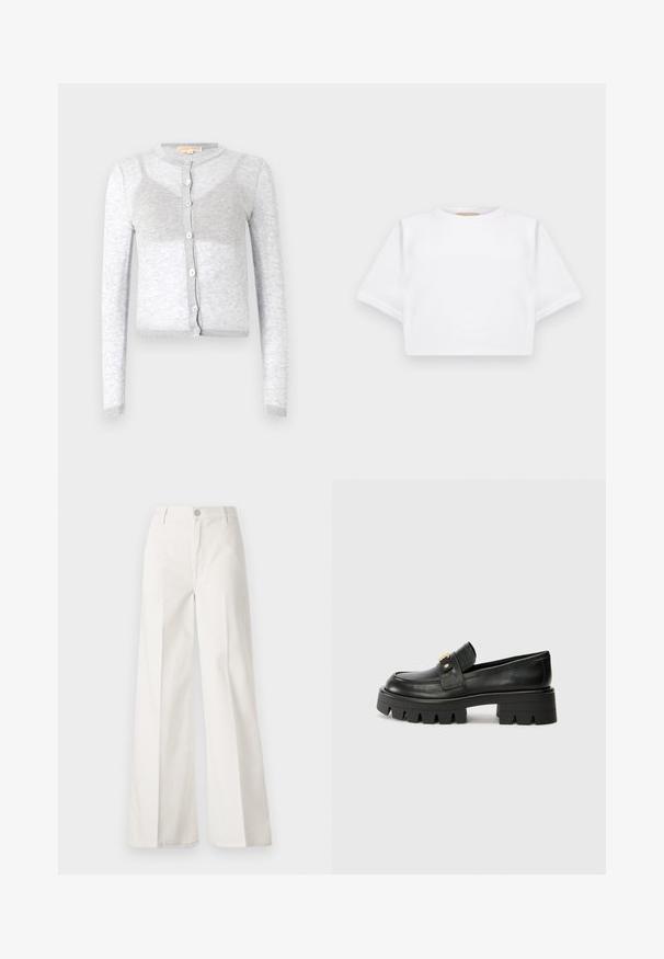 Hallituselge varrukatega kardigan, millel on ümmargune kaelus, nupuvajutusega kinnitamine ja soonikserv. Valmistatud pehmest ja tekstuuriga kangast.; Lühikeste varrukatega, pehmest kangast lõigatud valge T-särk, millel on ümar kaelus ja soonikuga ääred. Lihtne ja ilma kaunistusteta disain.; Valged laiade jalgadega püksid, mis on valmistatud siledast puuvillast. Omab esitallist ning lukuga sulgemist ja nelja tasku disaini.; Mustast nahkfrontaalid, millel on paks tald, esiosas kullatooni aksent ja sile viimistlus. Talse paksu mustriga disain.