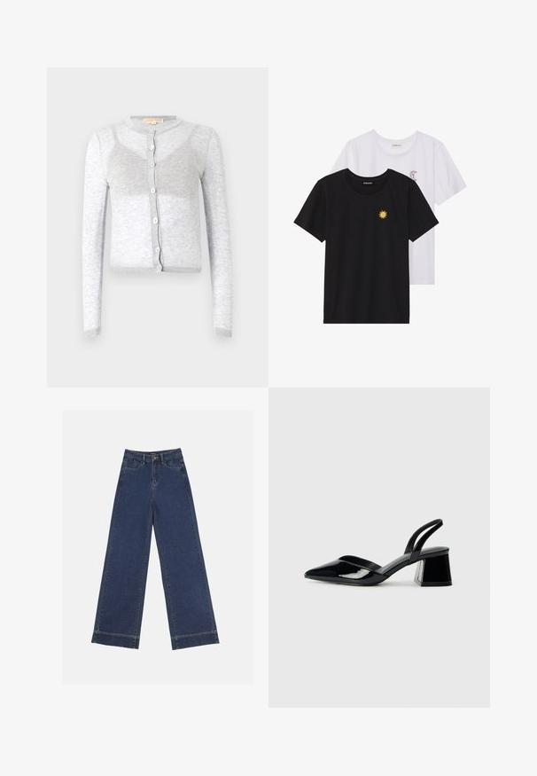 Grå langermet cardigan med rund hals, med knappelukking og ribbestrikket kant. Laget av myk, strukturert stoff.; Svarte og hvite T-skjorter, rund hals, korte ermer. Den svarte T-skjorten har gul brodering av en sol; den hvite har lilla halvmåne-detaljer.; Videbenede dressbukser i mørkeblå denim. Har fem lommer, beltestropper og en rå kant i bunden med synlige stikninger.; Svarte patentlær slingback hæler med spiss tå og geometrisk blokk hæl. Har et stilrent, minimalistisk design og jevn tekstur.