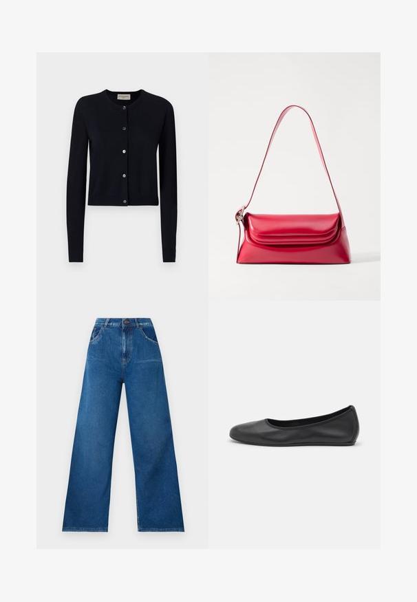 OFFICINE GENERALE MOANE - Kofta - night sky; En enkel vit långärmad skjorta med rund hals, visad bakifrån, liggande platt på en vit bakgrund.; Vida jeans i mörkblå denim med hög midja, med fram- och bakfickor samt kontrasterande sömnadsdetaljer.; Svart läderballerinaskor med rund tå, slät yta, minimala söm detaljer och en flexibel sula.; Röd läderhandväska med en strukturerad form, slät textur och ett justerbart bärhandtag. Har en rundad klaffstängning.