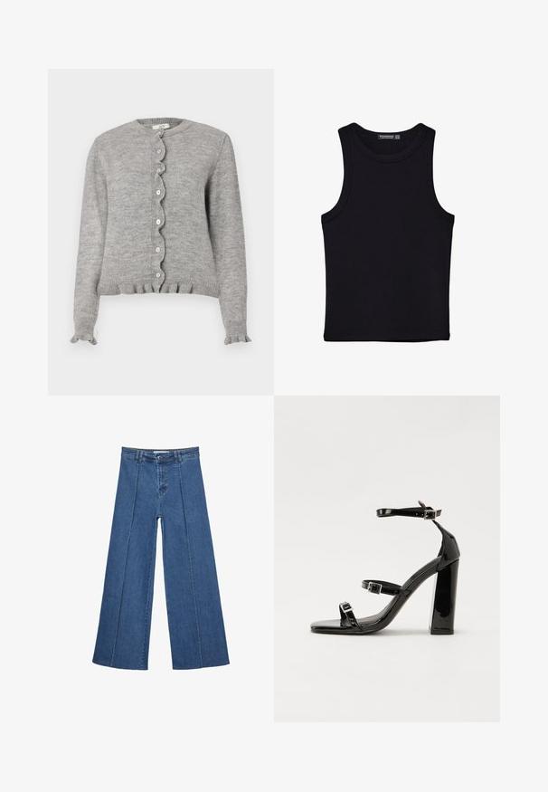 Šedý pletený cardigan s kulatým výstřihem, vykrojenou légou na knoflíky a volánkovými manžetami. Obsahuje malé růžové knoflíky a žebrovaný lem.; Černý top na ramínka vyrobený z bavlny, s kulatým výstřihem a širokými průramky. Hladká textura s prošitými lemy. Klasický, minimalistický design.; Džíny s širokými nohavicemi v středně modré barvě, se zvýšeným pasem, knoflíkovým zapínáním a kontrastními vertikálními švy vpředu.; Černé lakované sandály na vysokém podpatku se dvěma pásky se sponami, čtvercovou špičkou a robustním blokovým podpatkem, s hladkou, lesklou texturou.