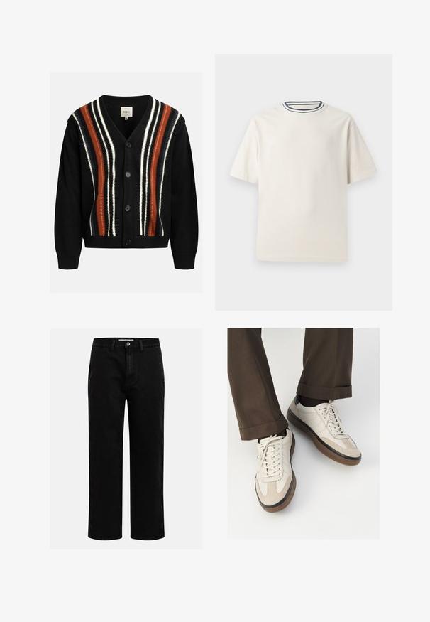 Black cardigan featuring a v-neck, five buttons, and bold vertical stripes in red, white, and navy. Knit texture with ribbed cuffs and hem.; Cream-colored cotton t-shirt with short sleeves, featuring a round neckline accented by navy and white stripes. Smooth texture, relaxed fit.; Black denim pants with a straight-leg cut, classic five-pocket design, and a button closure at the waist. Smooth texture and durable fabric.; Beige sneakers with a textured suede front, smooth leather sides, and a brown rubber sole. Laces and light stitching detail included.