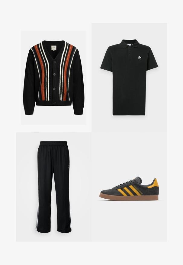 Zwarte cardigan met een V-hals, vijf knopen en opvallende verticale strepen in rood, wit en marineblauw. Gebreide textuur met geribbelde manchetten en zoom.; Zwart poloshirt van katoen met een sluiting met drie knopen, korte mouwen en een klein wit Adidas-logo op de linkerborst.; Zwarte sportbroeken met een elastische tailleband, voorzien van witte zijkanten en een klein logo. Het materiaal lijkt zacht en lichtgewicht te zijn.; Zwarte suède sneakers met gele accenten, voorzien van drie strepen en een bruine rubberen zool. Inclusief een gevoerde tong voor comfort.
