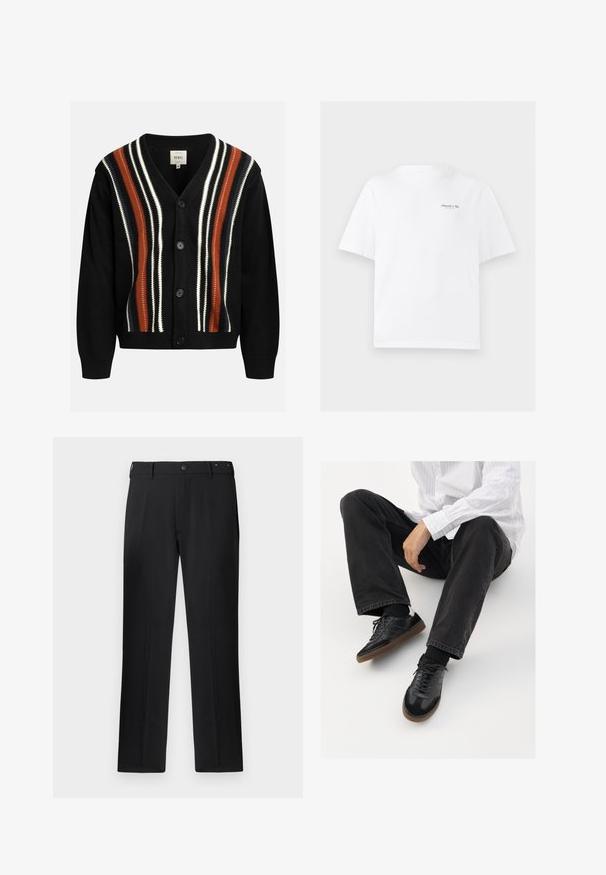 Zwarte cardigan met een V-hals, vijf knopen en opvallende verticale strepen in rood, wit en marineblauw. Gebreide textuur met geribbelde manchetten en zoom.; Witte katoenen t-shirt met een ronde hals, korte mouwen en een klein zwart logo op de bovenste linkerborst. Gladde textuur.; Zwarte broek met een recht gesneden ontwerp, knoopsluiting en riemlussen, met een gladde textuur en zonder zichtbare patronen of accenten.; Zwarte sneakers met een glad en textuur detail, voorzien van een rubberen zool en donkere veters. Gecombineerd met zwarte jeans en een wit gestreept shirt.