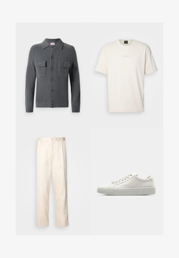 Sivý pletený cardigan s predným zapínaním na gombíky, dvoma prednými vreckami a golierom. Rybko tkané manžety a lem. Mäkká textura.; BOSS TEE - Základné tričko - open white; Béžové bavlnené nohavice so strihom rovného nohu, s gombíkovým zapínaním a záhybmi vpredu pre pridanie detailu.; Biele kožené tenisky s okrúhlou špičkou, minimalistickým dizajnom, šedými šnúrkami a štruktúrovanou šedou gumovou podrážkou. Viditeľné jemné švy.