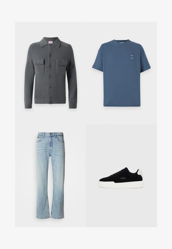 Šedý pletený kardigán s knoflíkovým zapínáním, dvěma náprsními kapsami a límečkem. Rebrované manžety a lem. Měkká textura.; Modrá bavlněná tričko s klasickým kulatým výstřihem, krátkými rukávy, volným střihem a dvěma malými potisky na hrudi. Hladká textura.; Světlé modré denimové džíny s rovnými nohavicemi, obsahující pět kapes, zapínání na knoflík a jemné vyblednutí na látce.; Černé nízké tenisky s bílou podrážkou a patou, šněrování v přední části a logo Calvin Klein na boku.