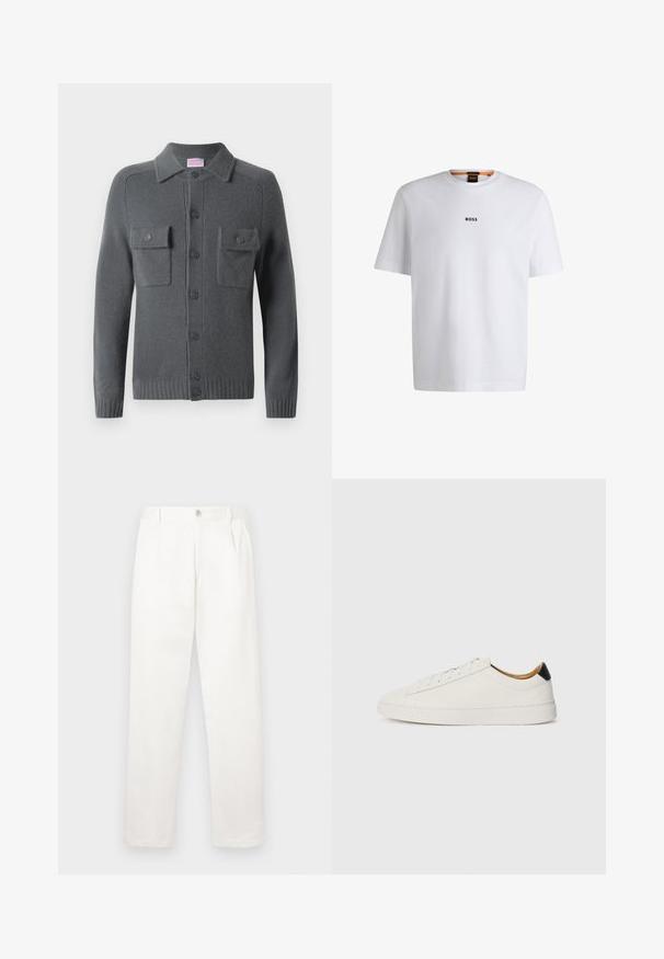 Cardigã cinza de malha com fecho de botões à frente, dois bolsos no peito e gola. Punhos e bainha canelados. Textura suave.; T-shirt de algodão branca com mangas curtas, apresentando um logo preto "BOSS" centrado no peito e um design de gola redonda.; Calças brancas feitas de um tecido suave, com um design de perna reta, pregas frontais e um fecho de botão único na cintura.; Sapatilhas brancas com um cabedal em couro liso, bico redondo e sola plana. Detalhe preto no calcanhar, com atacadores tonais e uma marcação minimalista.