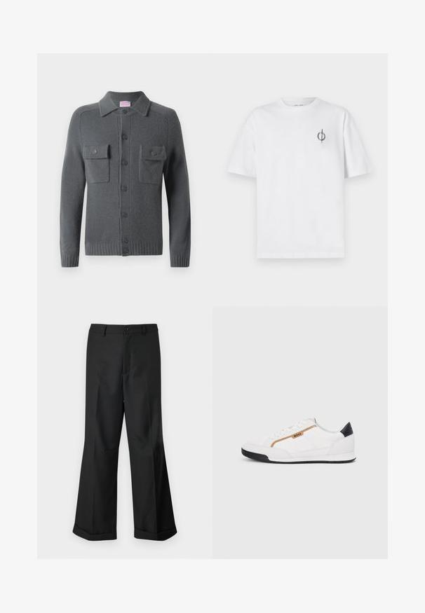 Cárdigan gris de punto con cierre de botones en la parte delantera, dos bolsillos en el pecho y cuello con solapa. Puños y dobladillo de canalé. Textura suave.; Camiseta de algodón blanca con un corte relajado, con un pequeño logotipo gráfico negro en el área del pecho izquierdo. Mangas cortas, estilo cuello redondo.; Pantalones anchos negros con cintura abotonada y dobladillos con puños, exhibidos sobre un fondo blanco liso.; Zapatillas deportivas blancas con acentos de malla y cuero. Presentan un logotipo dorado de "BOSS", paneles laterales texturizados y una tapa de talón negra. Suela de goma.