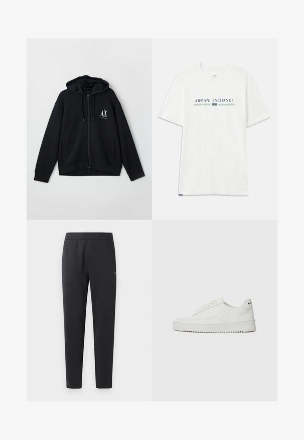 Crna zip-up majica s kapuljačom izrađena od mekanog materijala, s postavljenom kapuljačom, dva prednja džepa i malim bijelim logom na lijevoj strani prsiju.; Bijela pamučna majica s kratkim rukavima, s plavim i zelenim logotipom "ARMANI EXCHANGE" i "1991" centriranim ispod.; Crne trenirke izrađene od mekanog materijala, sa elastičnom trakastom, ravnim nogavicama i jednim malim logom sa strane.; Bijele kožne tenisice s glatkom površinom, okruglim vrhom, ravnim vezicama i teksturiranom potplatom. Imaju suptilan logo na peti.