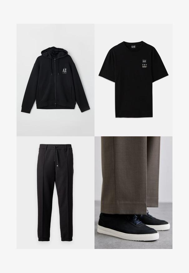 Black zip-up hoodie made of soft fabric, featuring a lined hood, two front pockets, and a small white logo on the left chest.; Black cotton t-shirt with short sleeves, a crew neck, and a small logo tag on the front featuring care symbols in white.; Black trousers with a waistband, drawstring, and elastic cuffs. Features pleats and a smooth, textured fabric.; Black suede sneakers with white rubber soles, featuring a rounded toe and laces, worn with gray tailored pants.