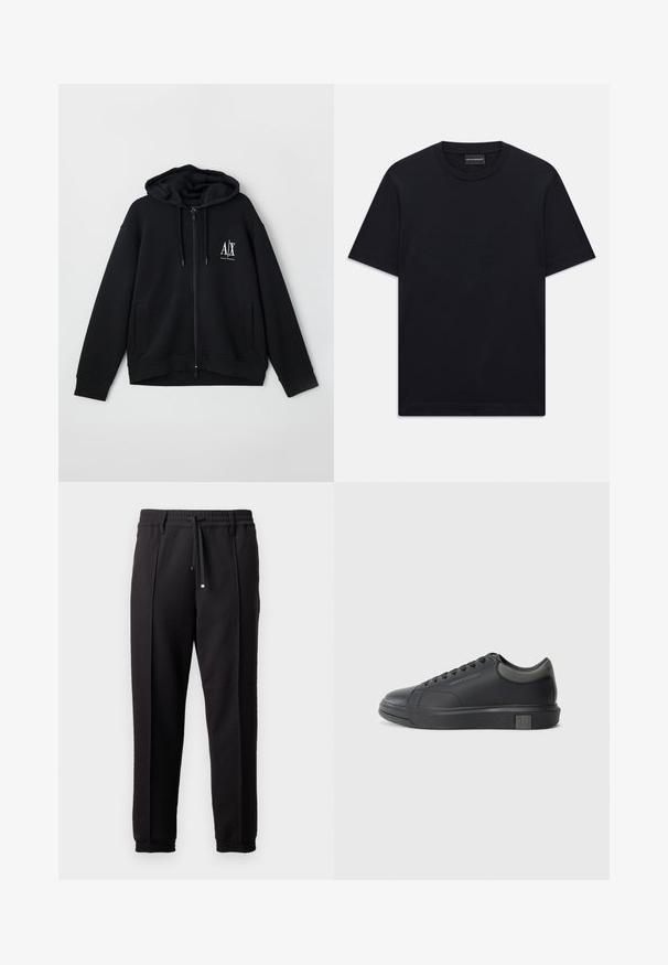 Zwarte zip-up hoodie van zacht materiaal, met een gevoerde capuchon, twee voorke pockets, en een klein wit logo op de linkerkant van de borst.; Zwart T-shirt met korte mouwen en ronde hals, met een subtiele, geperste logoontwerp in het midden van de borst en een merklabel aan de binnenkant van de kraag.; Zwarte broeken met een tailleband, koord en elastische boorden. Heeft plooien en een gladde, gestructureerde stof.; Zwarte leren sneaker met een gladde afwerking, ronde neus en donkergrijze accenten. Beschikt over een vetersluiting en een getextureerde rubberen zool.