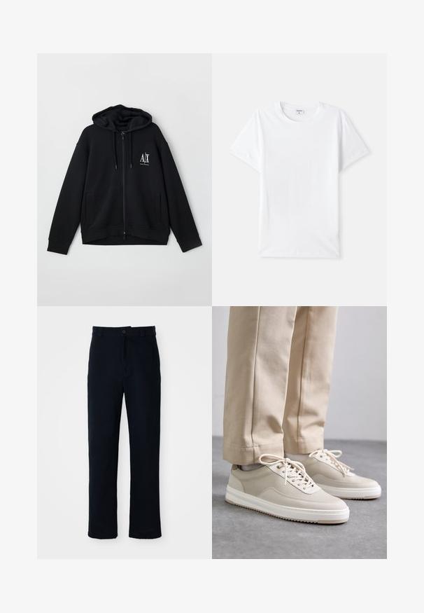 Sweatshirt preto com fecho éclair, feito de um tecido macio, apresentando um capuz forrado, dois bolsos frontais e um pequeno logótipo branco no lado esquerdo do peito.; Camiseta de algodão branca, com decote redondo, mangas curtas, textura suave, sem padrões ou detalhes, design simples, corte padrão.; Calças azul marinho em algodão, com um design de perna reta, fecho frontal com botão e cinta clássica com passantes para cinto.; Sapatilhas bege com um upper texturizado, solas brancas e detalhes cosidos, combinadas com calças bege, expostas sobre uma superfície cinza.