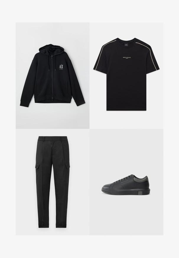 Black zip-up hoodie made of soft fabric, featuring a lined hood, two front pockets, and a small white logo on the left chest.; Black cotton t-shirt with short sleeves, rounded neck, beige accent stitching on shoulders, and ARMANI EXCHANGE logo in the center.; Black cargo pants with an elastic waistband, tapered leg, side pockets, and a single cargo pocket on the left thigh. Smooth texture.; Black leather sneaker with a smooth finish, rounded toe, and dark grey accents. Features lace-up design and textured rubber sole.