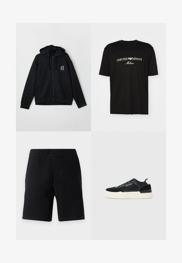 Black zip-up hoodie made of soft fabric, featuring a lined hood, two front pockets, and a small white logo on the left chest.; Black cotton T-shirt featuring a round neckline, short sleeves, and "EMPORIO ARMANI" logo in white above "Milano" in a curved design.; Black athletic shorts made of soft material; features an elastic waistband, two side pockets, and contrasting stitching.; Black sneaker made of mesh and leather, featuring a thick white sole and contrasting accents. Laces and logo detail on the side.