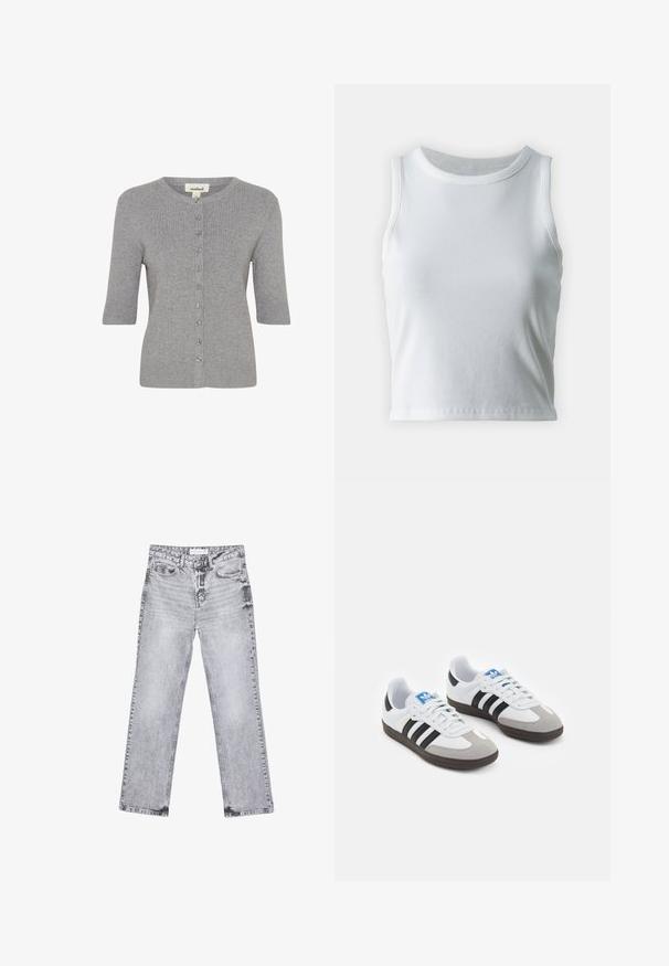 Siv kratki kardigan s kratkimi rokavi, izdelan iz rebrastega pletenega materiala, s krožnim izrezom in gumbasto zapiranje po sprednji strani.; Bela rebrasta majica brez rokavov z okroglo izrezom, s pravo hem in gladko, elastično strukturo.; Sive traperice z ravnim krojem, z obdelanimi detajli, petimi žepi in bakrenimi zakovicami. Pas ima oznako z logotipom.; Športni čevlji z belim usnjenim zgornjim delom, sivim semišem na prstih in tremi črnimi črtami. Imajo modro logo na jeziku in teksturiran gumijast podplat.