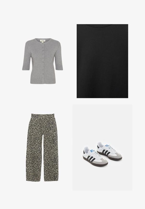 Grauer Kurzarm-Cardigan aus Rippstrickmaterial, mit einem runden Halsauschnitt und Knopfverschluss an der Vorderseite.; Schwarzer Baumwollstoff mit glatter Textur und Rundhalsausschnitt, der ein dezentes, gleichmäßiges Strukturmuster aufweist. Keine sichtbaren Logos oder Akzente.; Leopardenmuster weite Hosen in einem neutralen Beige- und Schwarzfarbschema. Verfügt über eine hohe Taille, fünf Taschen und einen Knopfverschluss.; Sportschuhe mit einem Obermaterial aus weißem Leder, grauer Wildleder-Zehenkappe und drei schwarzen Streifen. Sie verfügen über ein blaues Logo auf der Zunge und eine strukturierte Gummisohle.