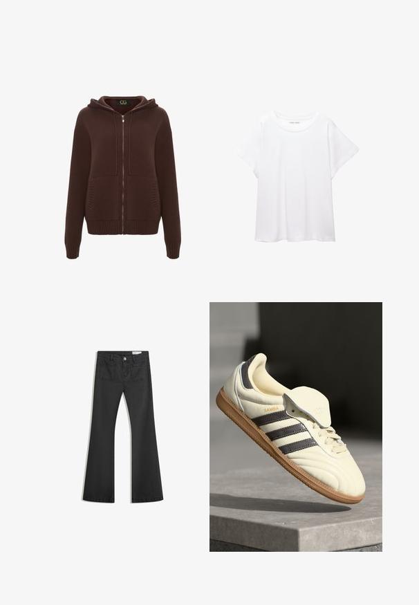 Hoodie maro cu fermoar, realizat din material tricotat texturat, cu glugă, manșete ribborate și două buzunare frontale. Include o etichetă subtilă a mărcii în interior.; Tricou alb dintr-un material moale și ușor. Prezintă un decolteu rotund și mâneci scurte, largi, cu un croi lejer. Fără modele vizibile.; Blugi negri evazați din denim cu o textură netedă, având două buzunare la spate și închidere cu buton la talie.; Sneakers din piele crem cu trei dungi întunecate, o talpă din cauciuc de culoare maronie și un vârf rotunjit. Dispune de o limbă pliabilă etichetată "SAMBA."