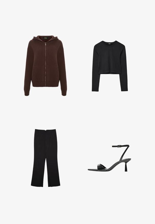 Brązowy rozpinany hoodie wykonany z fakturowanej dzianiny, z kapturem, ściągaczami przy rękawach oraz dwoma przednimi kieszeniami. Zawiera subtelną metkę marki wewnątrz.; Czarny krótki top z długim rękawem, okrągłym dekoltem, gładkim wzorem i lekko zaokrąglonym dołem.; Czarne spodnie o prostym kroju, z przednimi kieszeniami i bocznymi rozcięciami na dole. Wykonane z miękkiego, gładkiego materiału. Odpowiednie na różne okazje.; Bershka - Sandały na obcasie