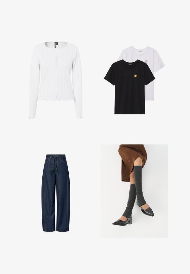 Vit ribbad cardigan med långa ärmar, rund halsringning och knappstängning. Vågig fåll och manschetter ger textur åt designen.; Svart och vit T-shirt, rund hals, korta ärmar. Den svarta skjortan har gul solbroderi; den vita har lila halvmåneaccent.; Breda denimbyxor i mörkblått med dragsko i midjan, kontrasterande sömmar och två framfickor. Slät textur, avslappnad passform.; Svarta lackläderskor med spetsig tå, blockklack och ankelrem, i kombination med grå ribbade benvärmare och en brun mockakjol.