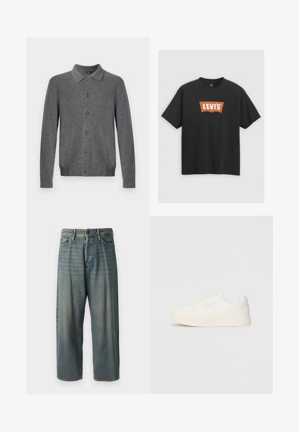 Pilkas kardiganas su klasikiniais apykaklėmis, priekyje septyni mygtukai, raštuoti rankogaliai ir apatinė dalis. Pagamintas iš švelnaus vilnos mišinio. Minimalistinis dizainas.; Juodas medvilninis marškinėlis, turintis didelį oranžinį Levi's logotipą priekyje, trumpomis rankovėmis ir apvaliu kaklu.; Šviesiai mėlyni džinsai su laisvu siluetu, vidutinio aukščio juosmeniu ir tiesiomis kojomis. Su penkiais kišenėmis, diržo kilpo ir mygtukų uždarymu.; Baltos slip-on sportbačiai su tekstūruota paviršiumi, storesniu padu ir minimalistišku dizainu. Šone matosi prekės ženklo logotipas.