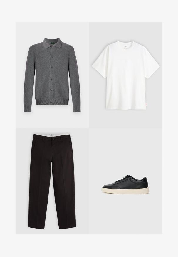 Šedý kardigan s klasickým límcem, sedmi knoflíky vpředu, žebrovanými manžetami a lemem. Vyrobený z měkké vlněné směsi. Minimalistický design.; Bílý krátký rukáv tričko vyrobené z bavlny s kulatým výstřihem. Na přední straně se nachází decentní embosované logo a červená cedulka na lemu.; Černé chinos s rovnými nohavicemi, poutky na opasek, knoflíkovým zapínáním a bočními kapsami, vystavené na světle šedém pozadí.; Černé kožené nízké tenisky s černými tkaničkami a slonovinovou podešví, zobrazené v bočním profilu na bílém pozadí.
