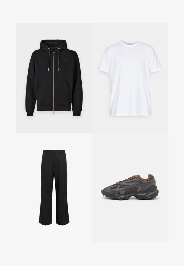 Fekete, cipzáros kapucnis pulóver puha anyagból, elülső zsebbel, húzózsinórral és hímzett logóval a bal mellen.; Fehér pamut póló rövid ujjakkal, kerek nyakkivágással és laza fazonnal. Minimalista dizájn jellemzi, nincsenek minták vagy díszek.; Fekete cargo nadrág, könnyű anyagból készült, laza szabással, két nagy oldalsó zsebbel és gombos záródással.; Sötét szürke Lacoste sportcipők hálós és szintetikus anyagból, textúrázott talppal és barna díszítésekkel a nyak részen és a logón.