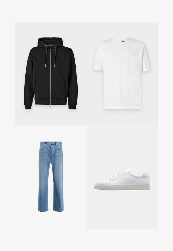 Felpa nera con zip realizzata in tessuto morbido, dotata di tasca frontale, cordini e un logo ricamato sul petto sinistro.; T-shirt bianco in cotone con scollo a girocollo, maniche corte e risvolti; design semplice, texture morbida e taglio dritto.; Jeans in denim blu chiaro con design a gamba dritta, cinque tasche, chiusura con bottone, leggero sbiadimento e dettagli di cucitura a contrasto.; Sneaker bianco con tomaia in pelle liscia e profilo basso. Presenta una punta arrotondata, sei occhielli e una suola in gomma testurizzata.