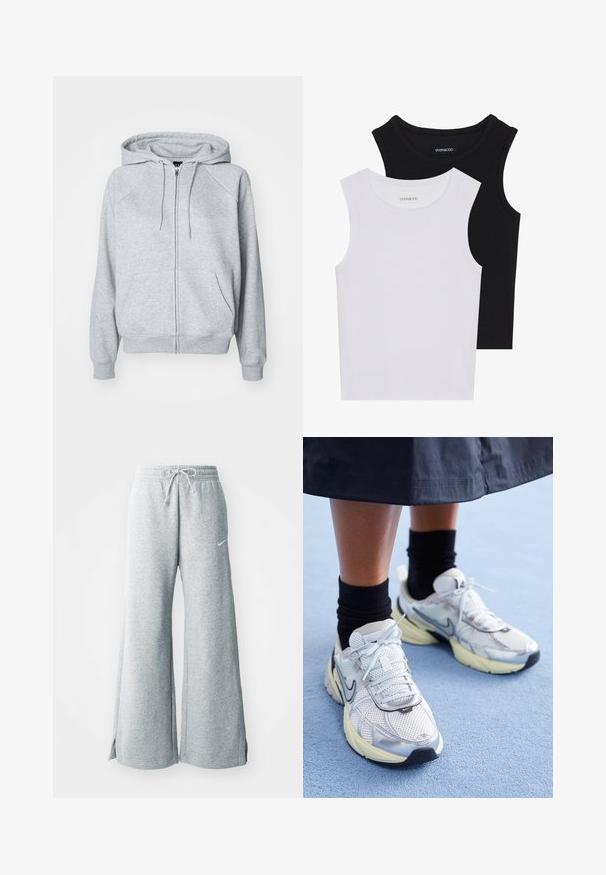 Šedá bavlnená mikina s plným zipsom, nastaviteľnou kapucňou so šnúrkou, raglánovými rukávmi, prednými vreckami a manžetami a lemom z rebrového úpletu.; Dve bezrukávové topy v čiernej a bielej farbe, vyrobené z rebrovanej bavlny, s okrúhlym výstrihom a priliehavým strihom. Viditeľné štítky na oboch.; Svetlošedé tepláky vyrobené z mäkkej tkaniny, s nastaviteľným pásom na šnúrku, širokými nohavicami a bočnými rozparkami. Logo Nike nenápadne zobrazené.; Biele a strieborné Nike tenisky s mrežovou textíliou, reflexnými akcentmi a béžovou podrážkou. Nosené s čiernymi ponožkami, stojace na modrom povrchu.